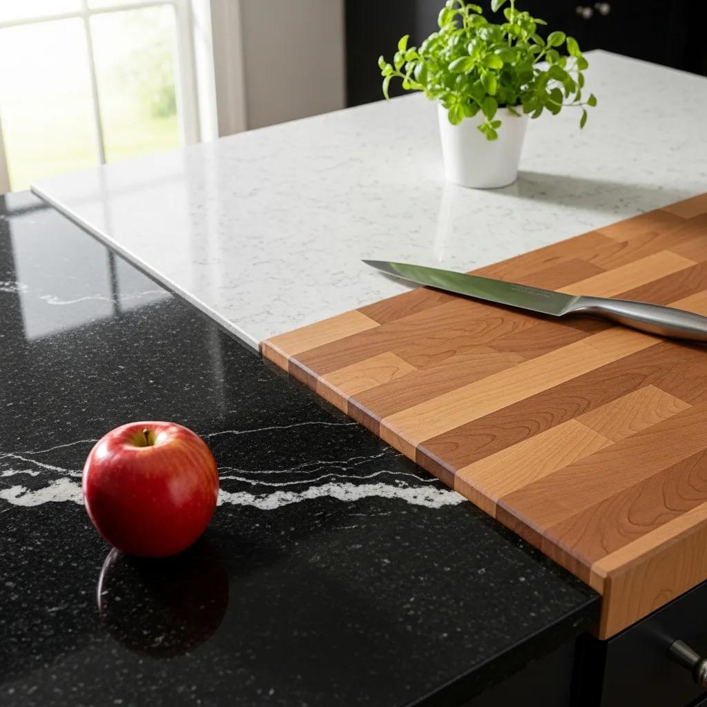 Close-up of kitchen countertop materials including granite, quartz, and butcher block