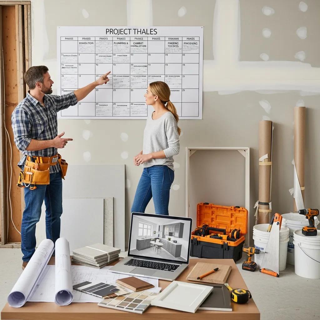 Contractor discussing kitchen renovation timeline with homeowner