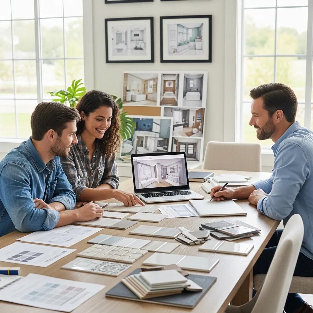 Couple discussing bathroom remodeling financing options with a contractor