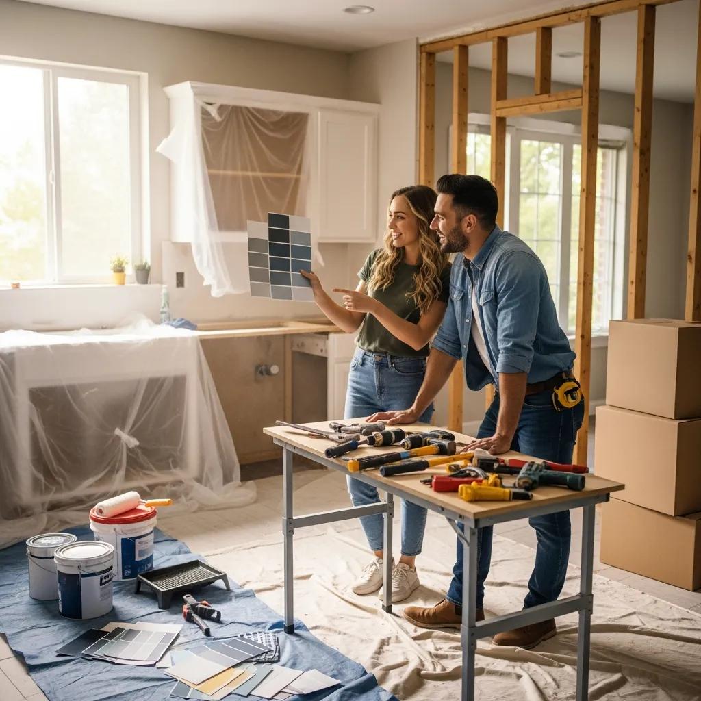 Couple discussing renovation plans in their newly purchased kitchen
