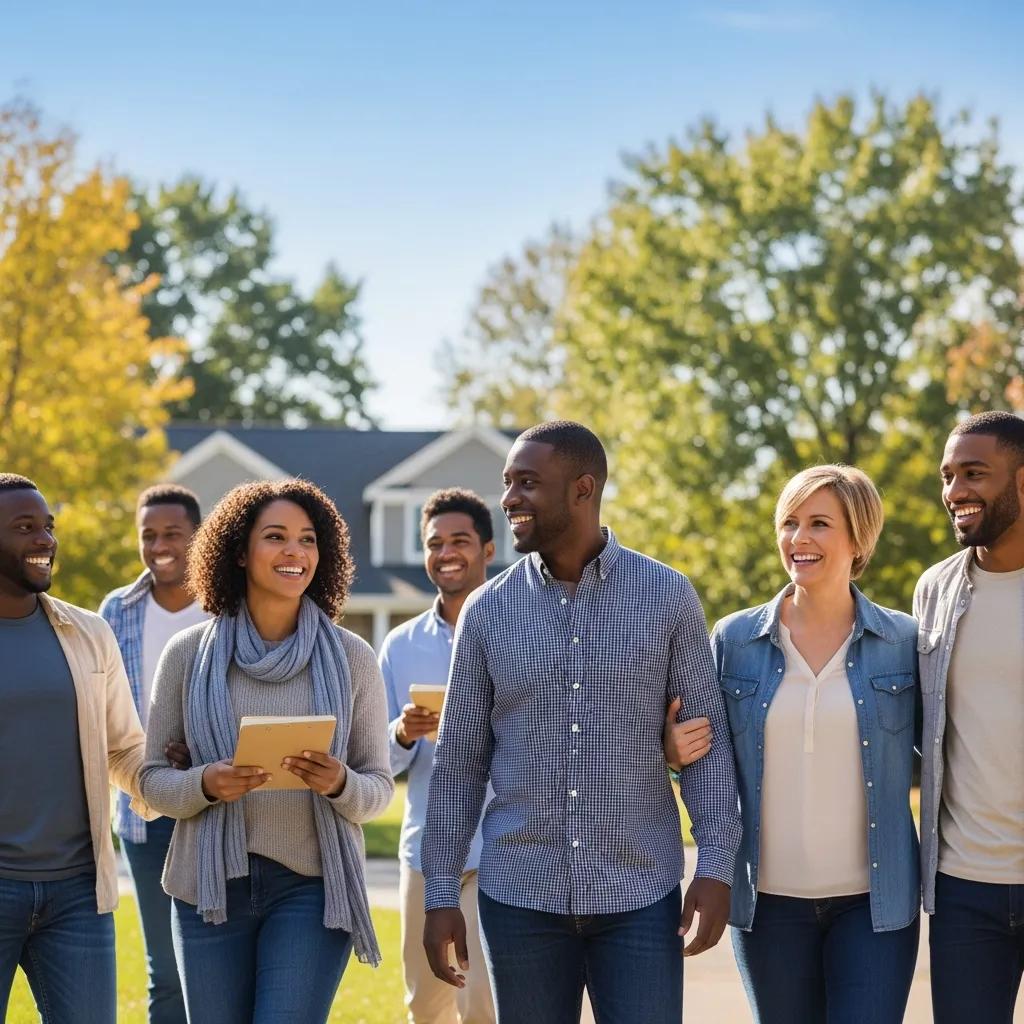 Diverse first-time homebuyers exploring a charming neighborhood in Delaware