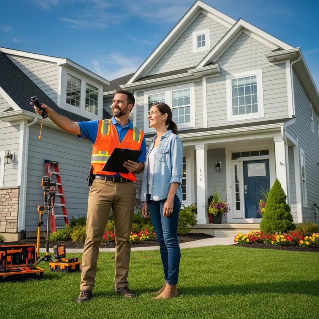 Home inspector evaluating a house exterior with a homeowner, emphasizing the importance of home inspections