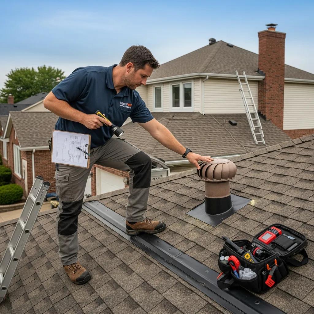 Home inspector examining a property focusing on roof and plumbing