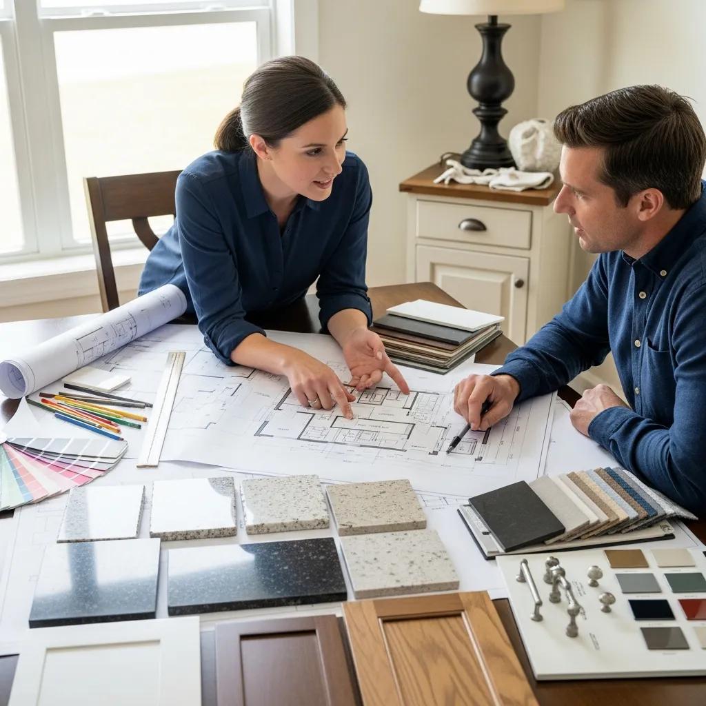 Interior designer collaborating with homeowner on kitchen layout and materials