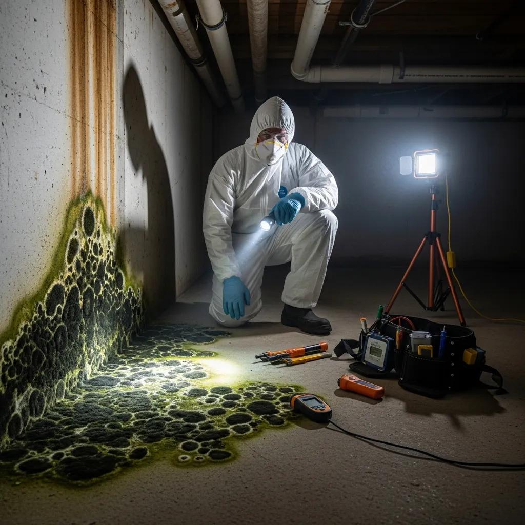 Mold inspector examining a basement corner for mold presence, highlighting the importance of mold inspections