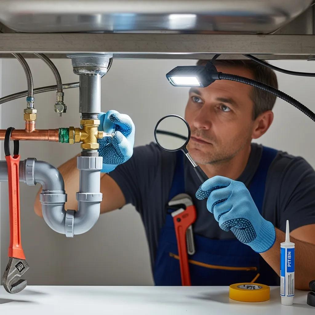 Plumber inspecting pipes under a sink, focusing on safety and functionality checks