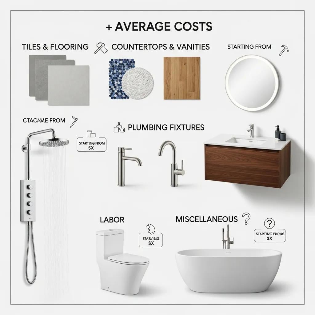 Visual representation of bathroom materials and fixtures related to renovation costs