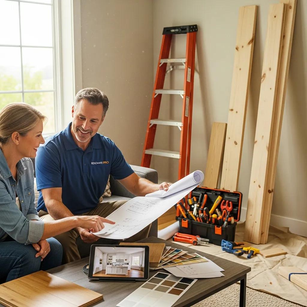 Home improvement contractor consulting with a homeowner in a cozy living room