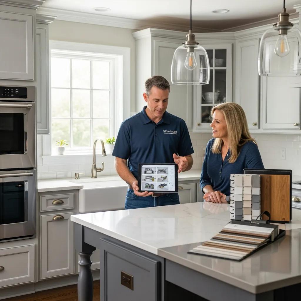 Contractor consulting with homeowner about kitchen renovation options