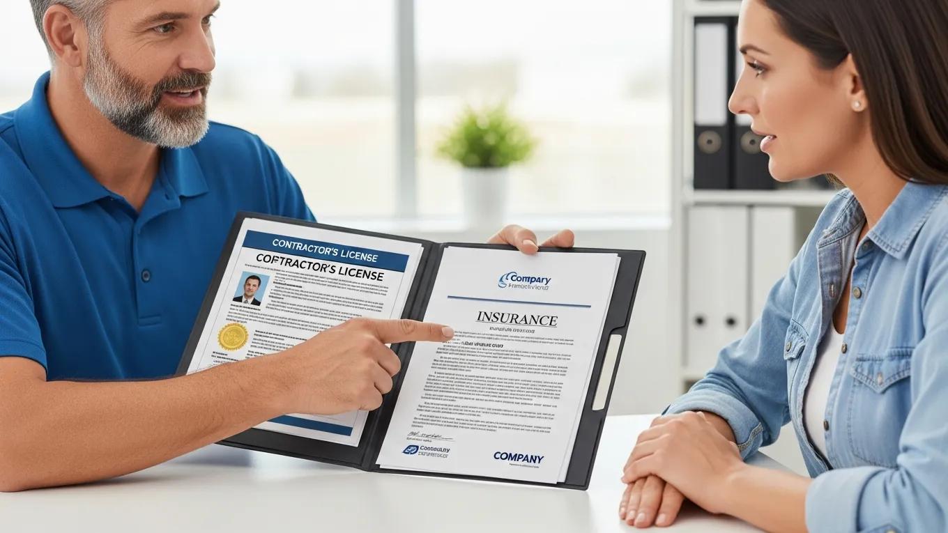 Contractor showing license and insurance documents to a homeowner