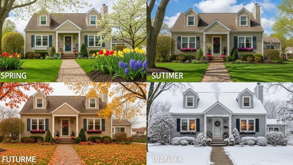 Delaware home showcasing seasonal maintenance with spring flowers, summer greenery, fall leaves, and winter snow