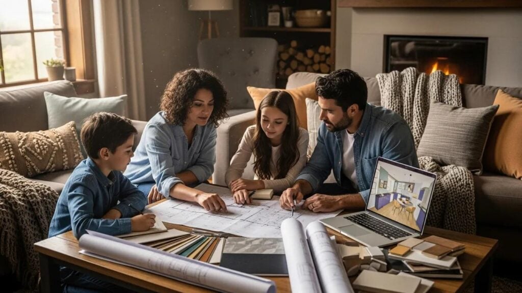 Family discussing home renovation plans in a cozy living room