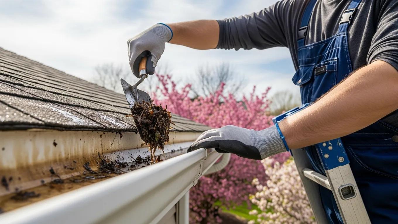 Homeowner cleaning gutters in spring to prevent water damage in Delaware