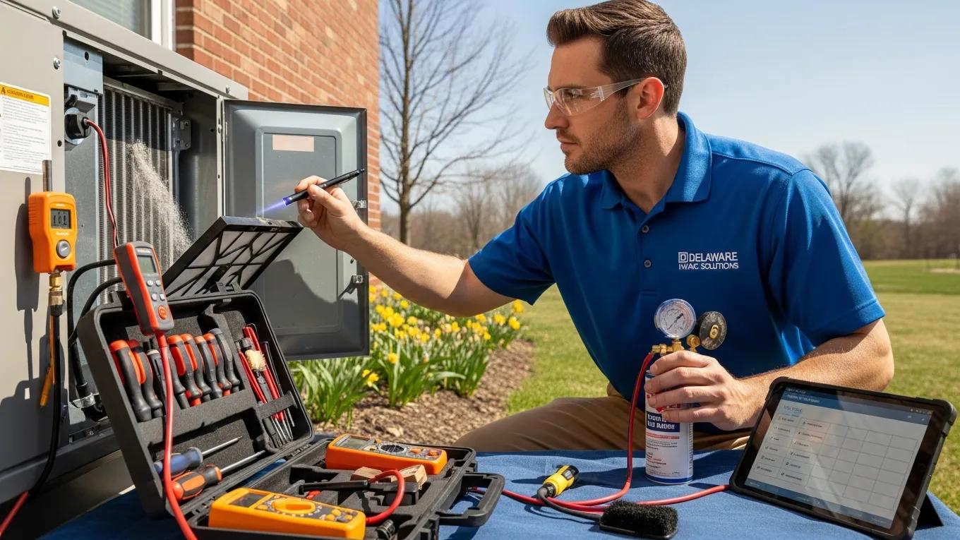 Technician performing HVAC system tune-up in a Delaware home during spring