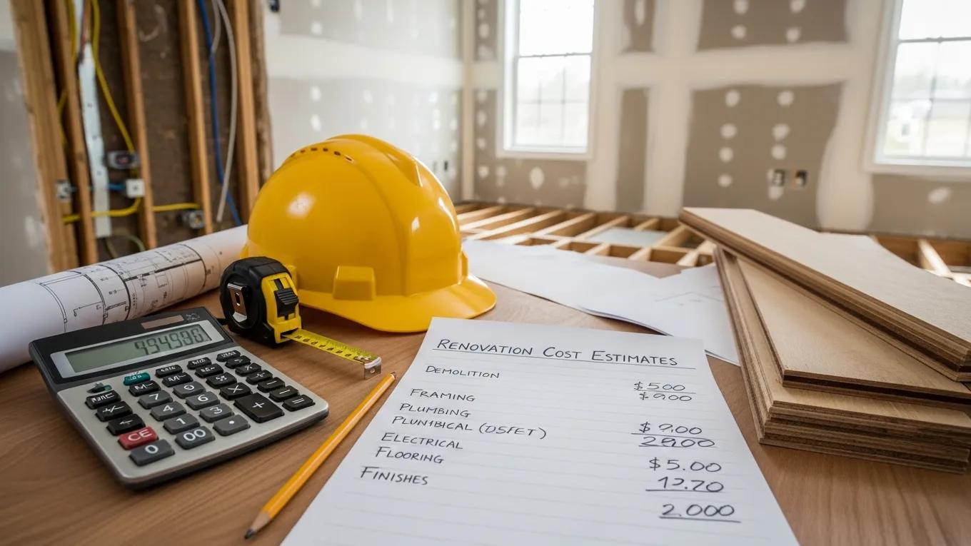Calculator and renovation materials highlighting home renovation cost planning