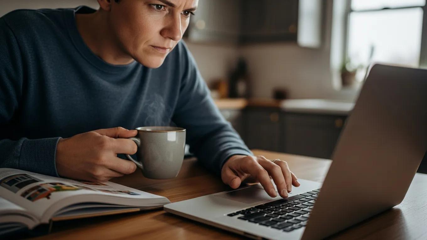Homeowner reading contractor reviews on a laptop at the kitchen table