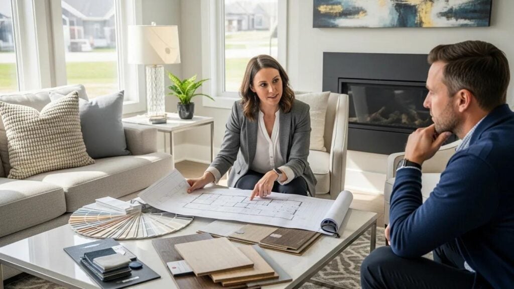 Licensed home renovation contractor consulting with a homeowner in a bright living room setting